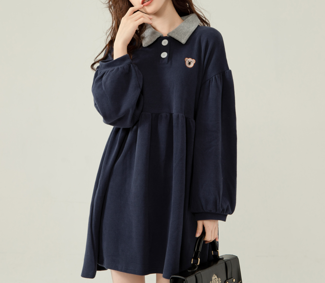 Cute Kawaii Rabbit Patch Dress Long Sleeve Loose Fit A-Line Dress with Contrast Collar